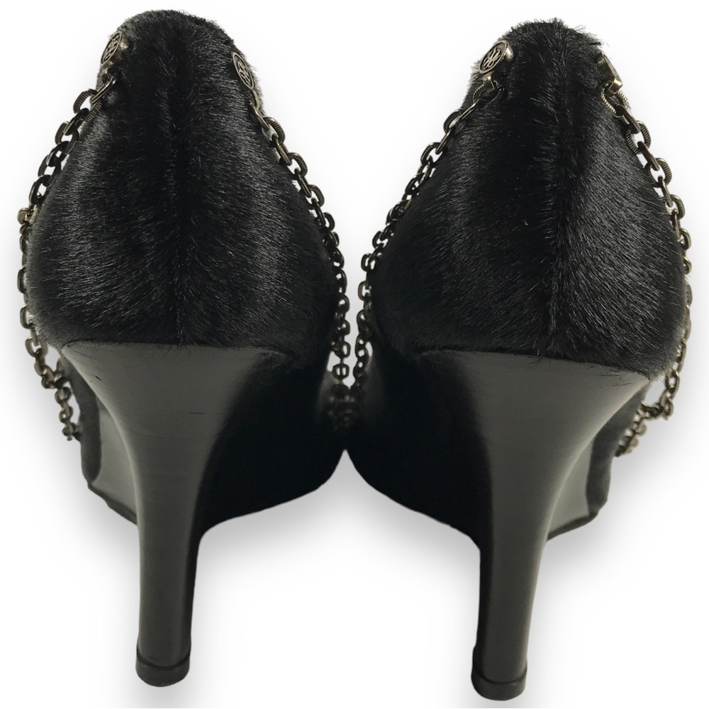 Rock & Republic Pointed Toe Fur Wrap Around Chained Logo Wedge Black Size EU 36 - Picture 12 of 15